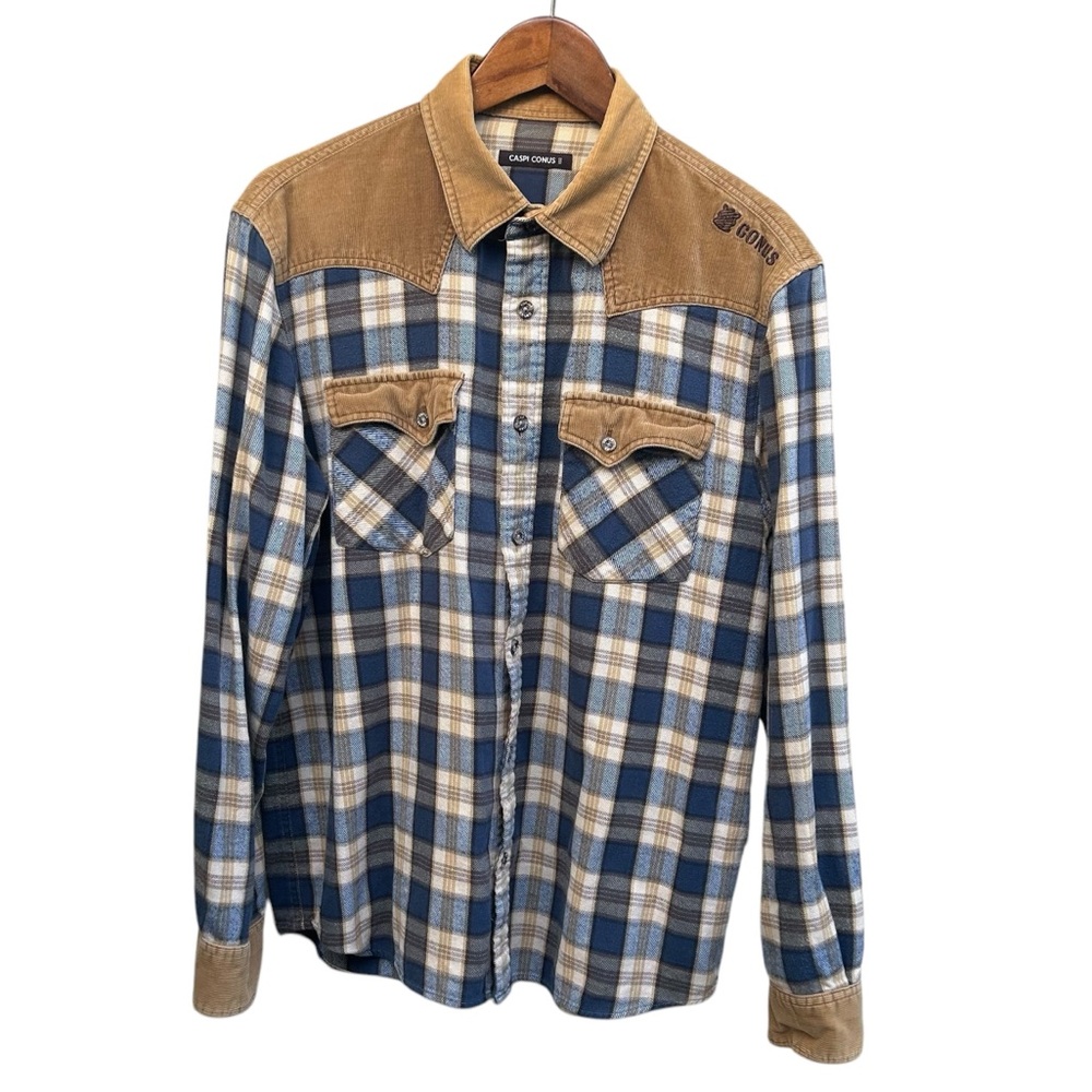 Vintage Caspi Conus Men’s L Flannel Button Down Shirt Blue Corduroy Western Logo